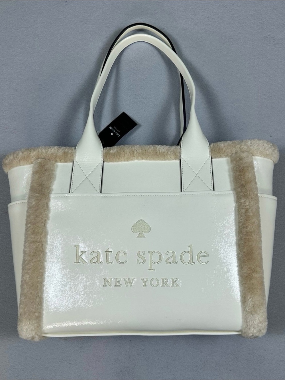 kate spade Cream Patent Tote with Faux Fur Trim